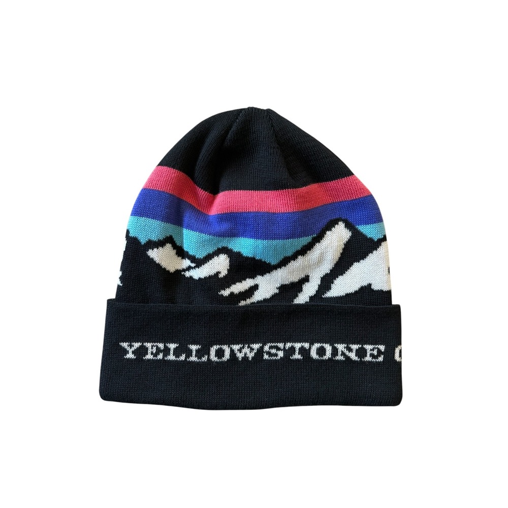 Locale Yellowstone Club Recycled Knit Beanie Mountain Graphic Black Pink Blue